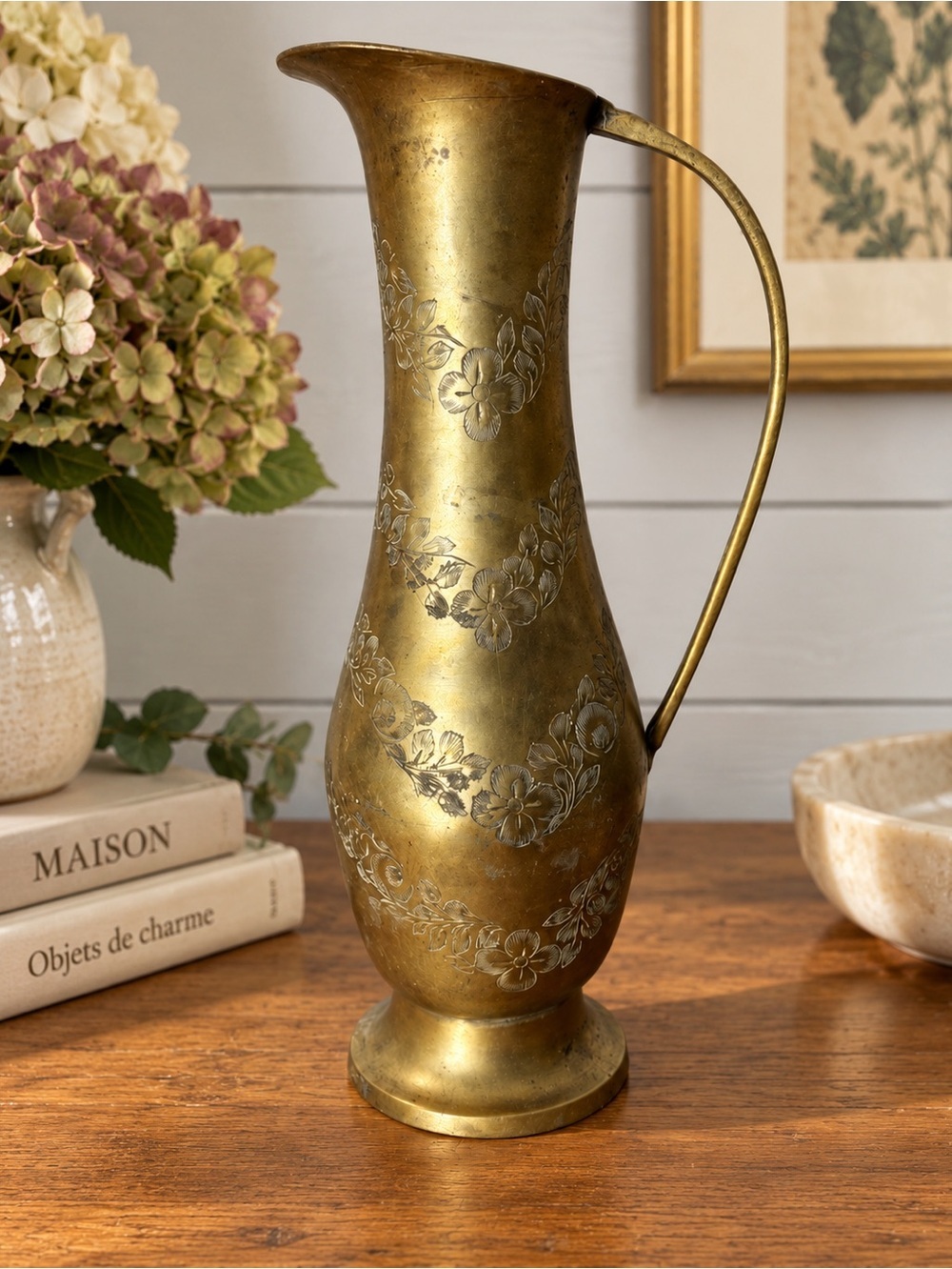 Brass Pitcher Floral Etched Decor Vase